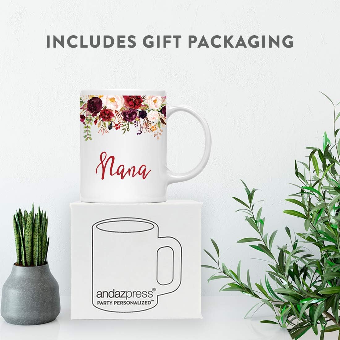 Andaz Press 11oz. Mother's Day Ceramic Coffee Tea Mug Gift, Fall Autumn Marsala Burgundy Flowers Roses Florals, Nana, 1-Pack, Includes Gift Box, Birthday Christmas Gift Ideas