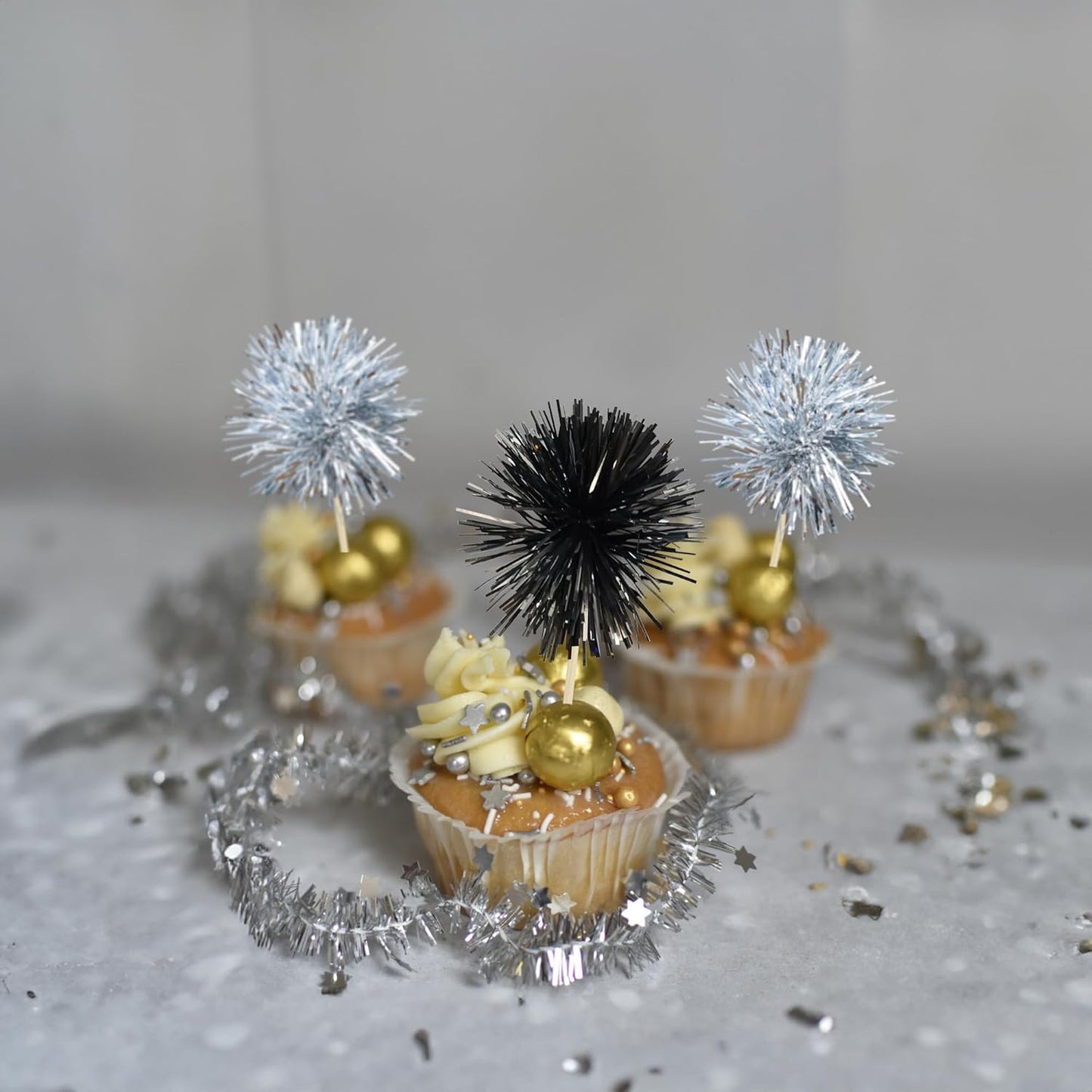 Gyufise 30Pcs Foil Firework Cupcake Toppers Sparkle Tinsel Cake Toppers Tinsel Drink Cake Decoration Cocktail Picks for Birthday Wedding Graduation Party Supplies Black Silver