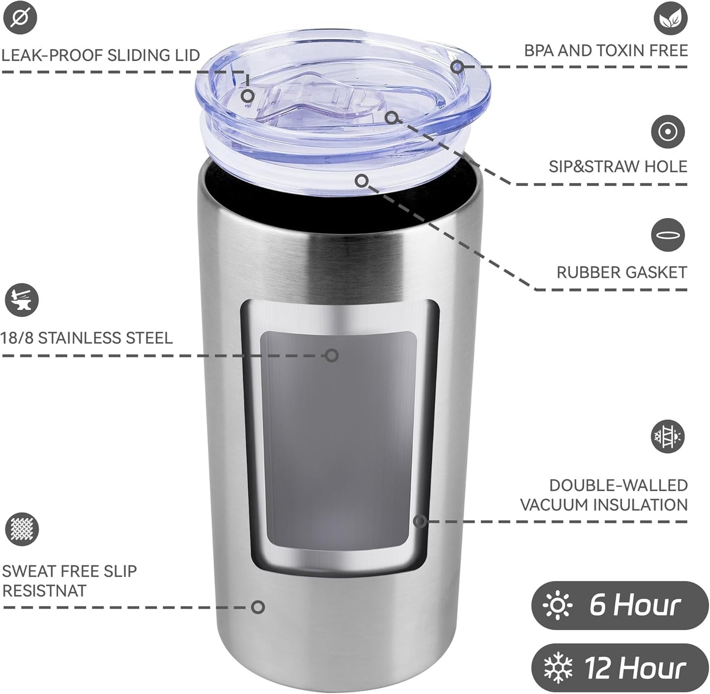 HASLE OUTFITTERS 12oz Skinny Tumbler Bulk, Slim Tumblers Set with Lid, Double Wall Stainless Steel Insulated Travel Coffee Mug, Durable Powder Coated Travel Water Cup(Stainless Steel, 12)