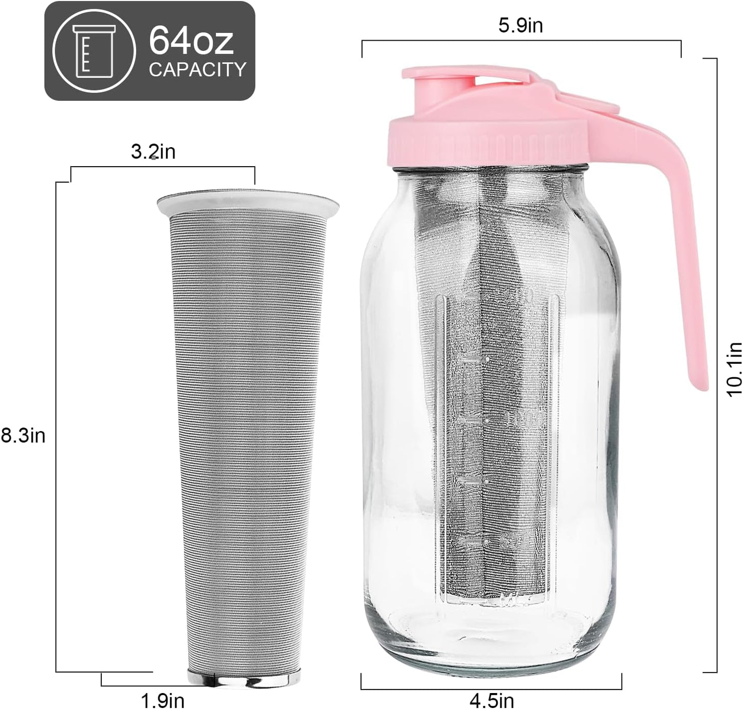 Cold Brew Coffee Maker，64 oz Wide Mouth Mason Jar Pitcher with Stainless Steel Filter, Pour Spout Handle Lid, Heavy Duty Glass Airtight & Leak-Proof Pitcher for iced coffee & Tea Lemonade-Pink