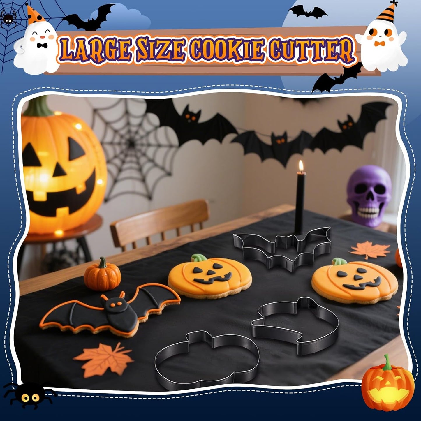 3 Pcs Large Halloween Cookie Cutters Set 7.5 Inch Extra Large Pumpkin Bat Ghost Shapes Stainless Steel Metal Giant Cookie Cutters Molds for Halloween Day Baking Party Kitchen Accessories