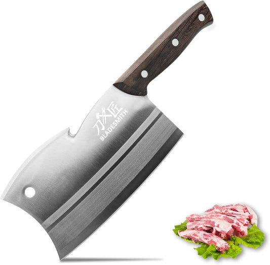 BLADESMITH Meat Cleaver, Multi-Purpose Dual Edges Butcher Knife, Heavy Duty Chopper Knife for Bone Cut with Ergonomic Wenge Handle