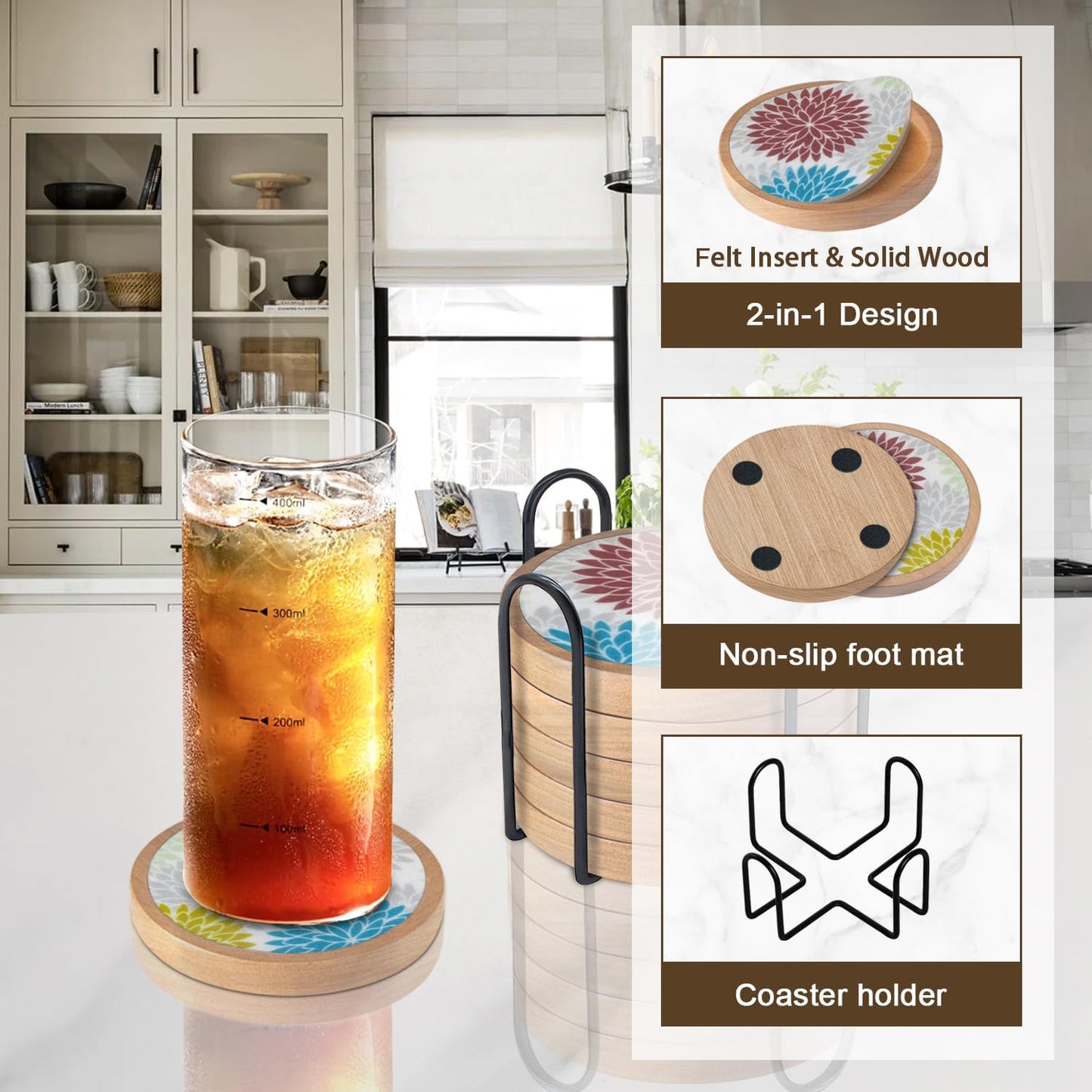 Wood Coasters Set of 6 with Holder, Cewiru Cup Mat for Drinks, Absorbent Coasters with Felt Insert for Coffee Table Protection, Modern Style Home Dining Table Decor, 4.3" Colorful