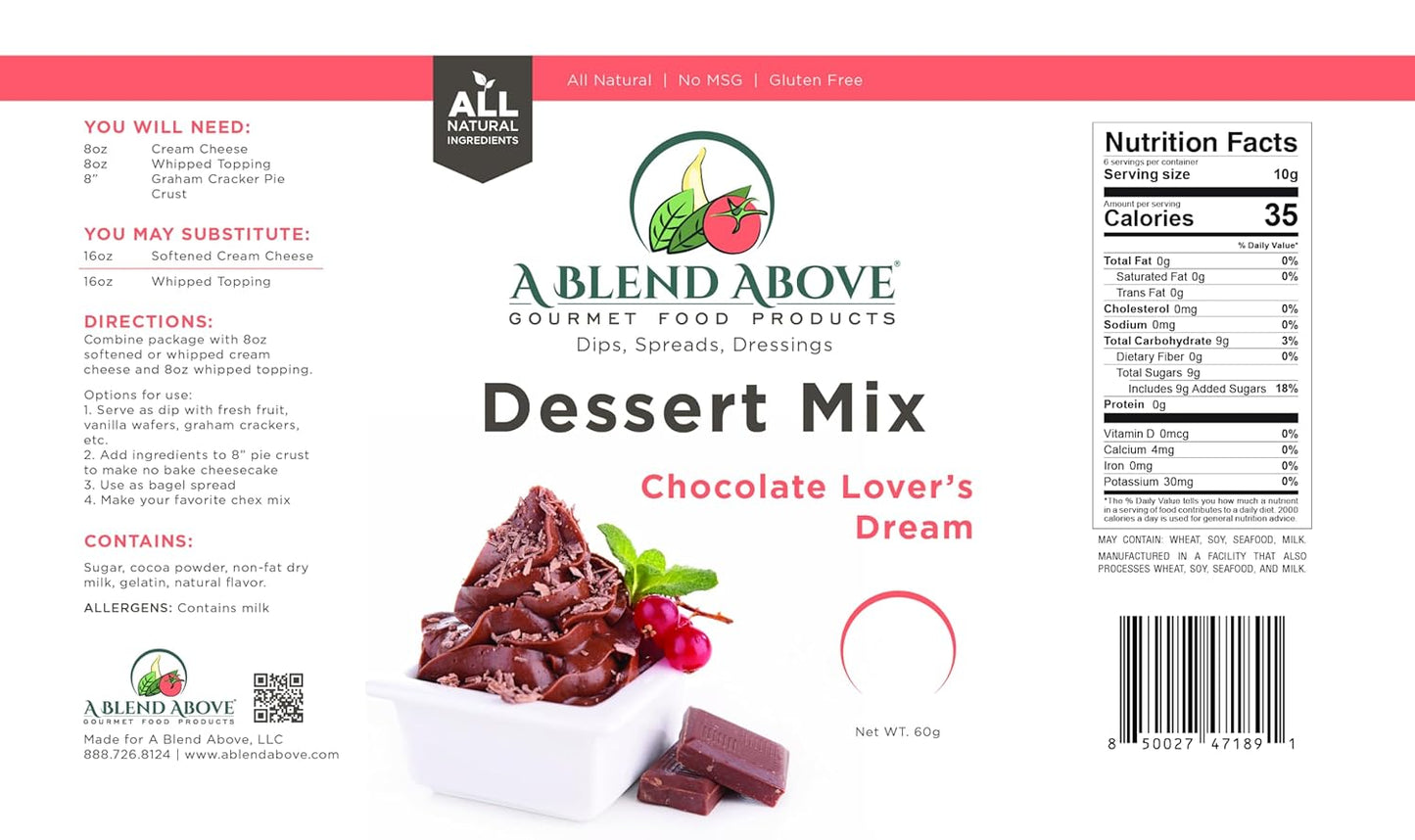 A Blend Above Chocolate Lover's Dream Pie Mix - No Bake, All Natural, Vegan, Gluten Free, No MSG - Instant Dessert Mix, Fruit Dip, Bagel Topping, Frosting, Cheesecake Filling - Makes 16 Oz (Pack of 3)
