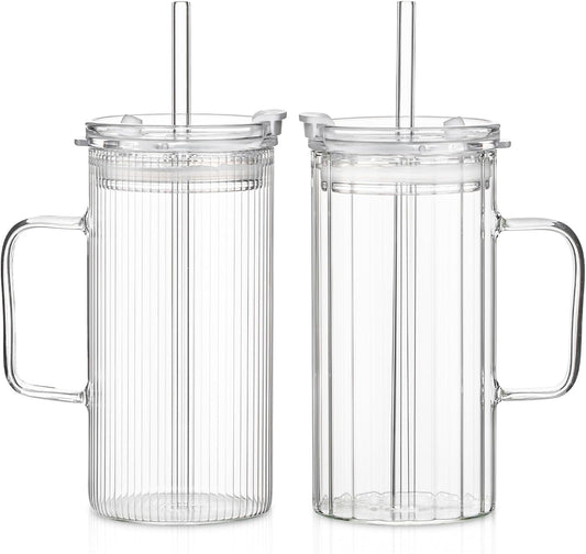 KEMORELA 2PCS Glass Tumbler with Lid and Straw - 24oz Ribbed Drinking Cups with Straw & Lid, Iced Coffee Cups - Reusable Glass Tumblers for Tea, Juice, Bubble Tea