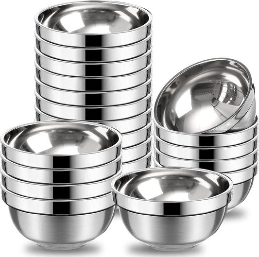 20 Pack Stainless Steel Bowls Set, 17 oz Double Walled Insulated Metal Bowl Bulk for Rice Soup Ice Cream Snacks Salad Cereal Sauces Serving, Easy to Clean, Stackable, 5.1 x 2.6 Inch