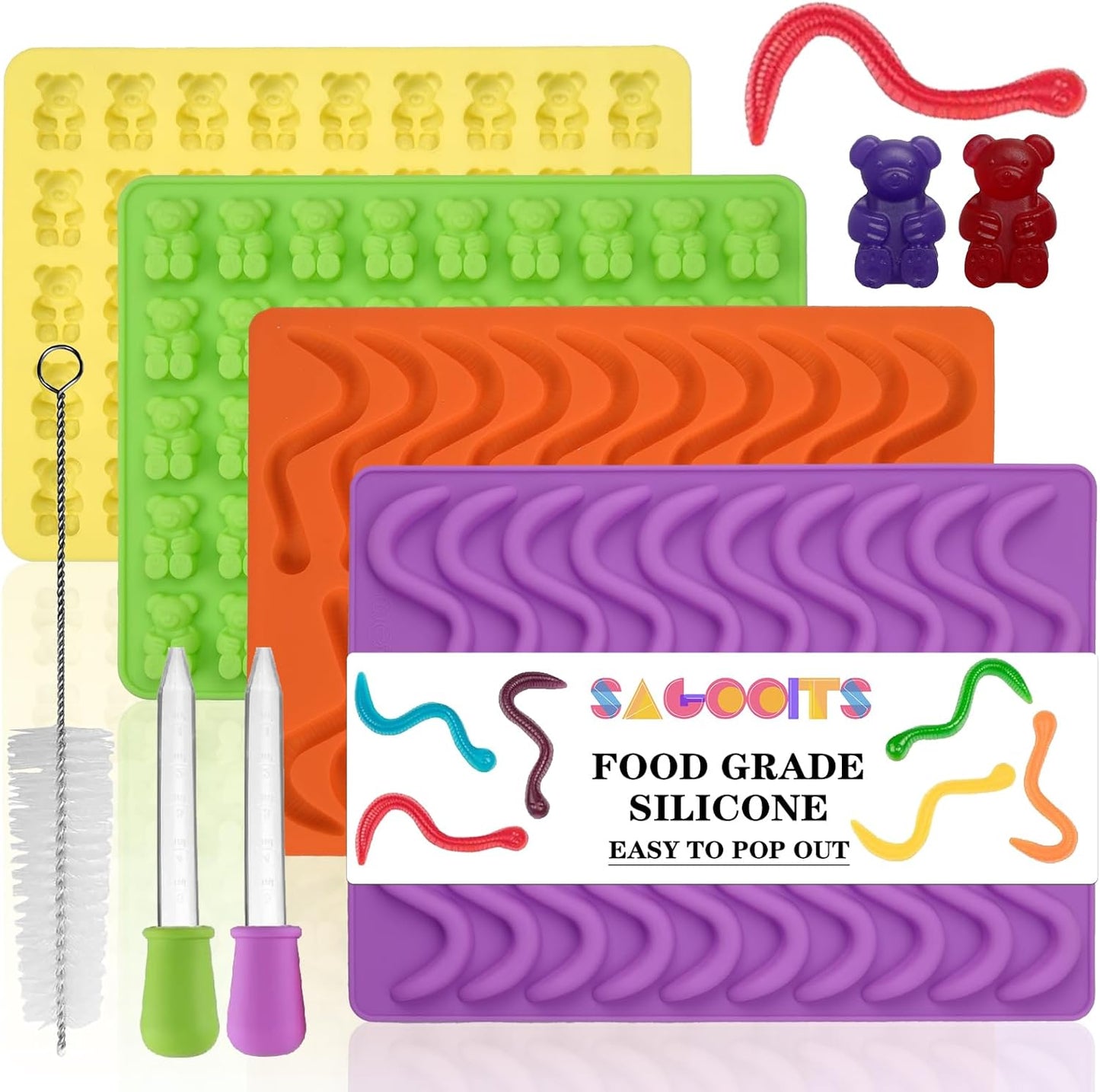 Gummy Bear and Worm Mold Silicone, No Stick Chocolate Candy Gummy Molds,Pack of 4 with 2 Droppers,SAGOOITS Large Gummy Bear Molds Candy Molds