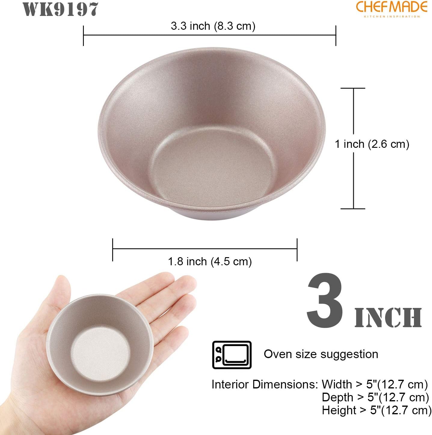 CHEFMADE Mini Pudding Pan Set, 3-Inch 4Pcs Non-Stick Egg Tart Mold Round Mini Cake and Loaf Bakeware for Oven and Instant Pot Baking (Champagne Gold)