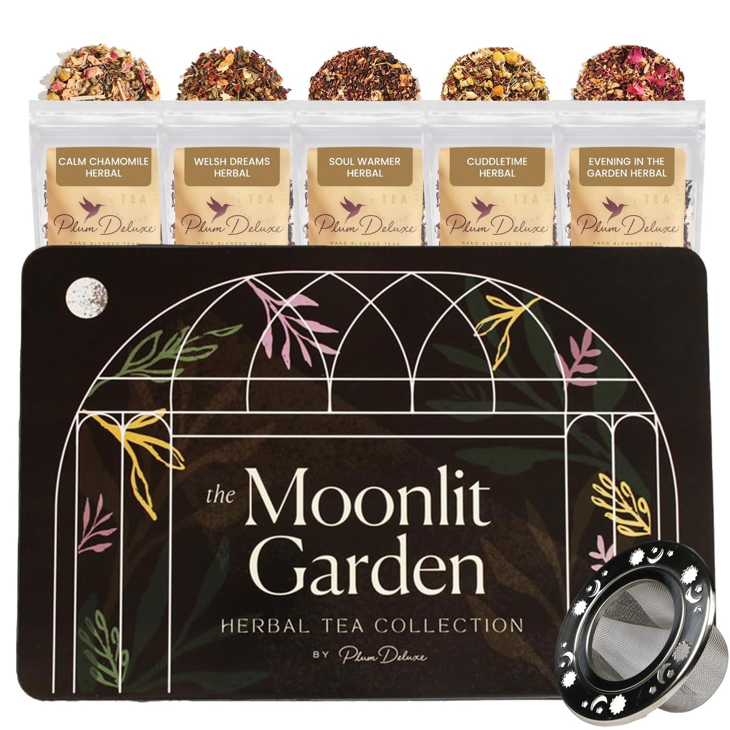 Moonlit Garden Collection Assorted Herbal Tea Gift Set - Hand-Crafted Loose Leaf Teas, Presentation Gift Box with Loose Leaf Steeper Included, Sleepytime Tea - 5 Unique and Flavorful Teas, 75+ Cups