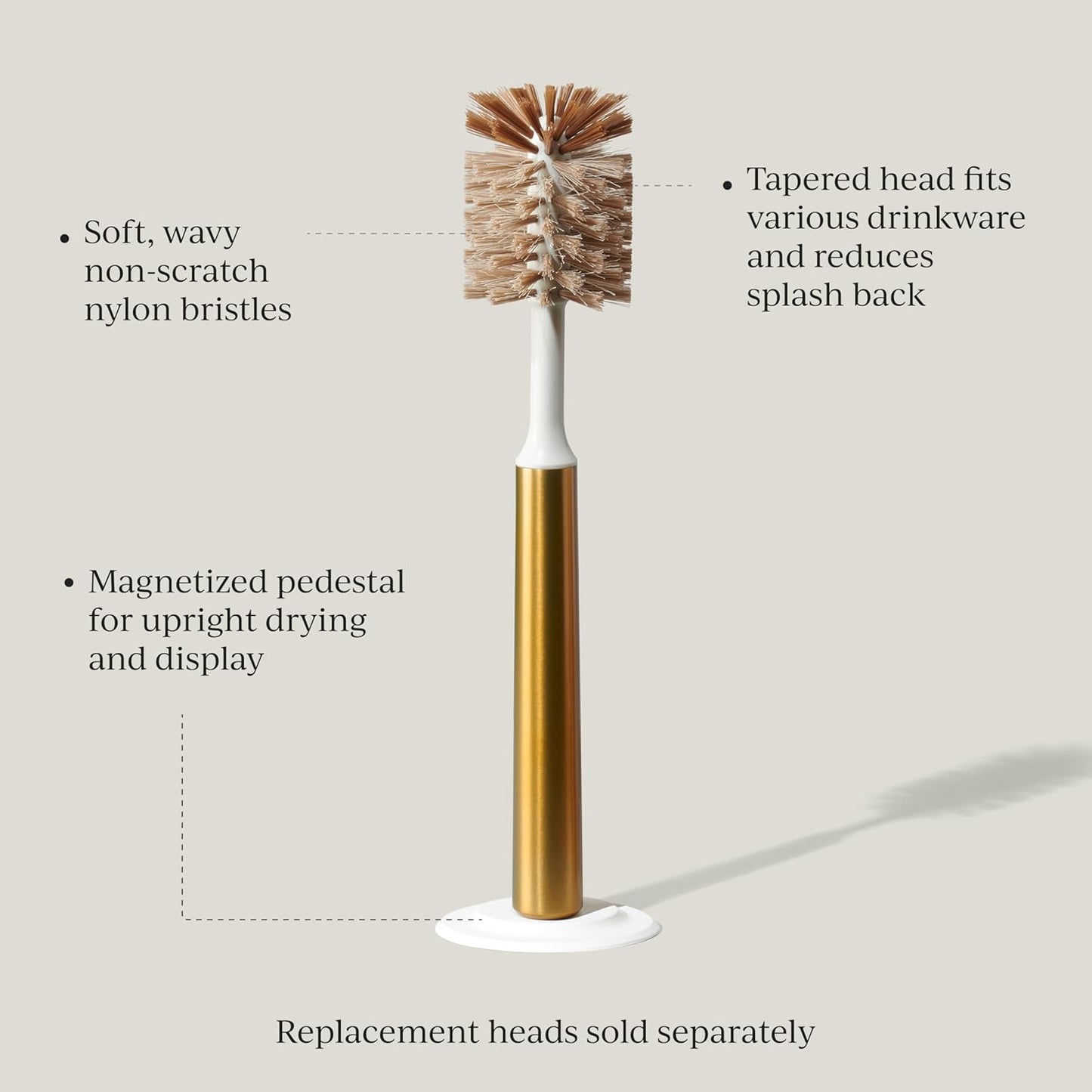 Ionic Bottle Brush, Magnetized to Stand Upright, Stainless Steel with Replaceable Head, Brass/Gold