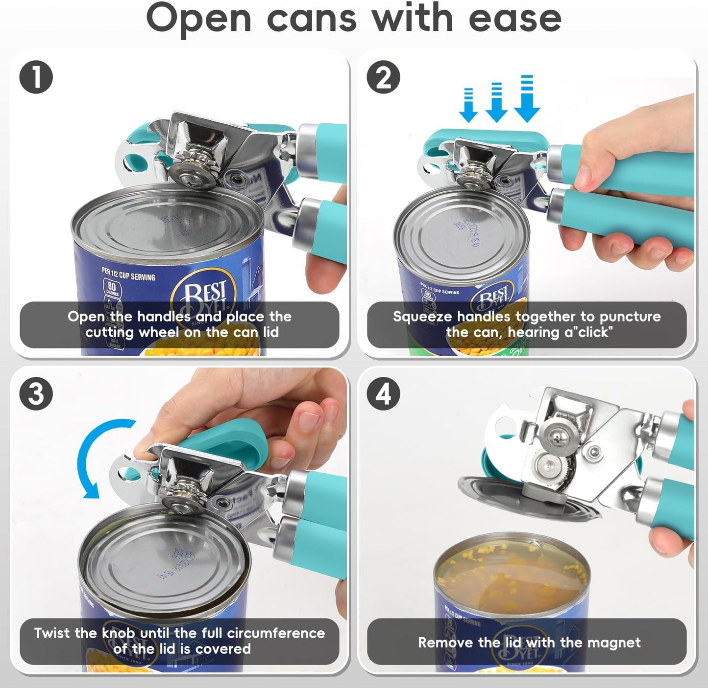 Can Opener Manual, UHIYEE Hand Held Manual Can Openers Heavy Duty with Smoother Cut Sharp Blade, Manual Hand Can Open with Soft Handle, Easy to Turn Knob, Magnetic Lid Lifter, Turquoise