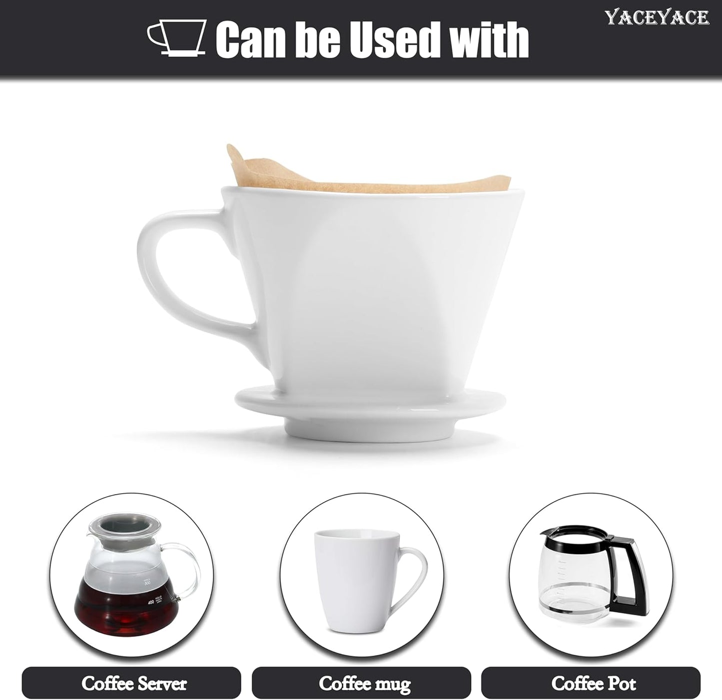 Pour Over Coffee Maker, Single White Ceramic Pour Over with 3 Holes, Medium Coffee Dripper for Shop, Home, Office and Bar