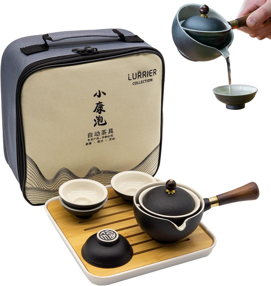LURRIER Porcelain Chinese Gongfu Tea Set,Portable Teapot Set with 360 Rotation Tea maker and Infuser,Portable All in One Gift Bag for Travel,Home,Gifting,Outdoor and Office (Black)