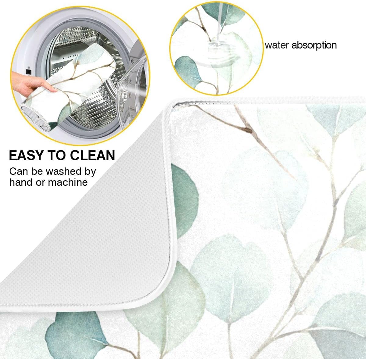 Sage Green Leaves Dish Drying Mat for Kitchen Counter Watercolor Branch Plant Drying Mat 18 x 24 Inch with High Absorbent Reversible Microfiber Dish Drying Pad Drainer Mat for Coffee Bar