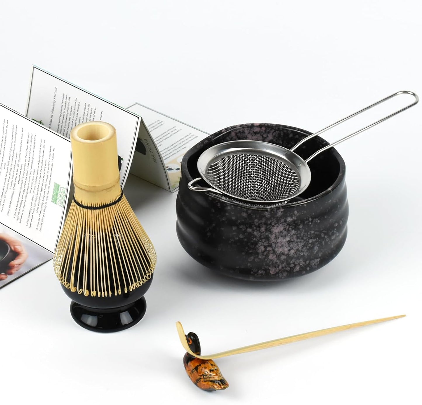 Artcome Matcha Ceremony Kit for Japanese Tea Ceremony, Traditional Matcha Bowl, Whisk, Tea Scoop, Matcha Powder Strainer, Matcha Tea Set For Making Usucha, Koicha and Matcha Latte (Black)