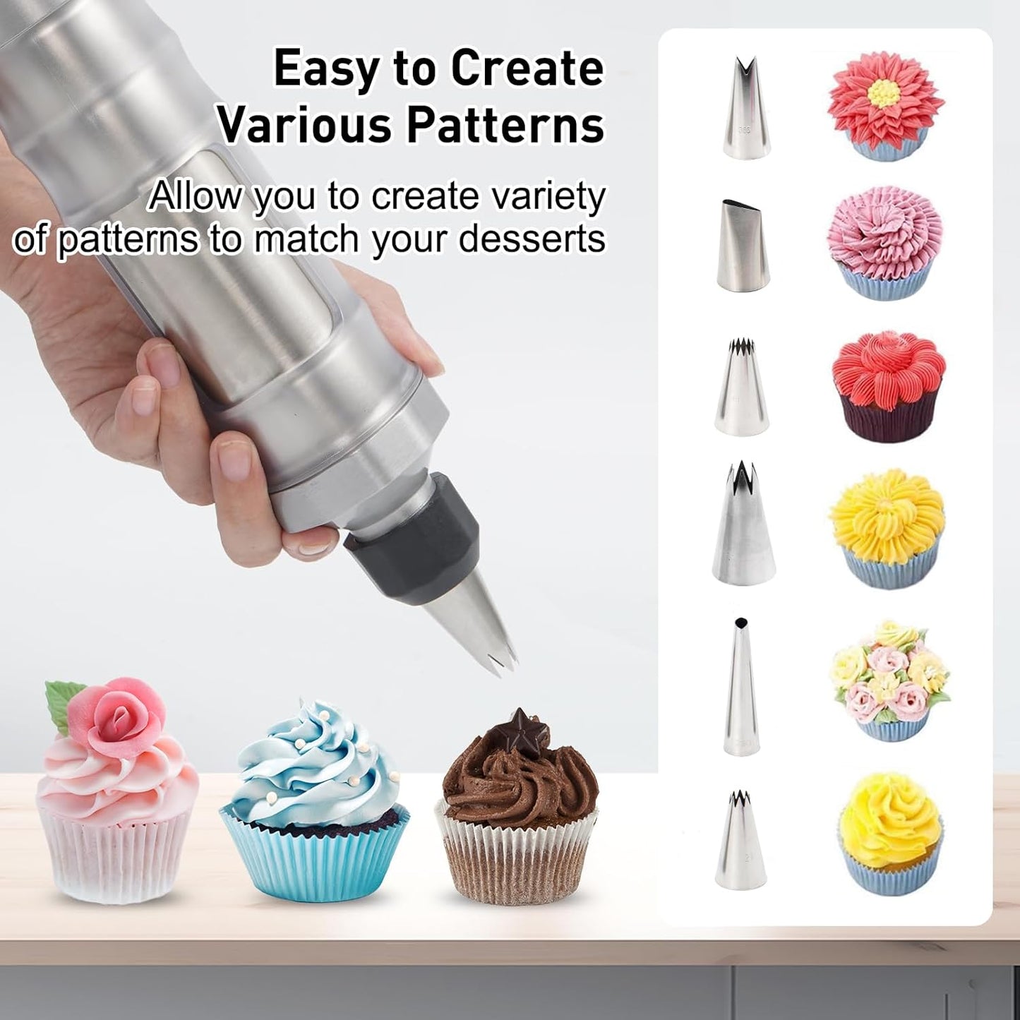 Cake Decorating Kit with 6 Stainless Steel Piping Tips, Frosting Gun & 8 Silicone Cups – Baking Supplies for Cake, Cupcake, Cookie Decorating – Piping Bags and Tips Set for Beginners & Bakers