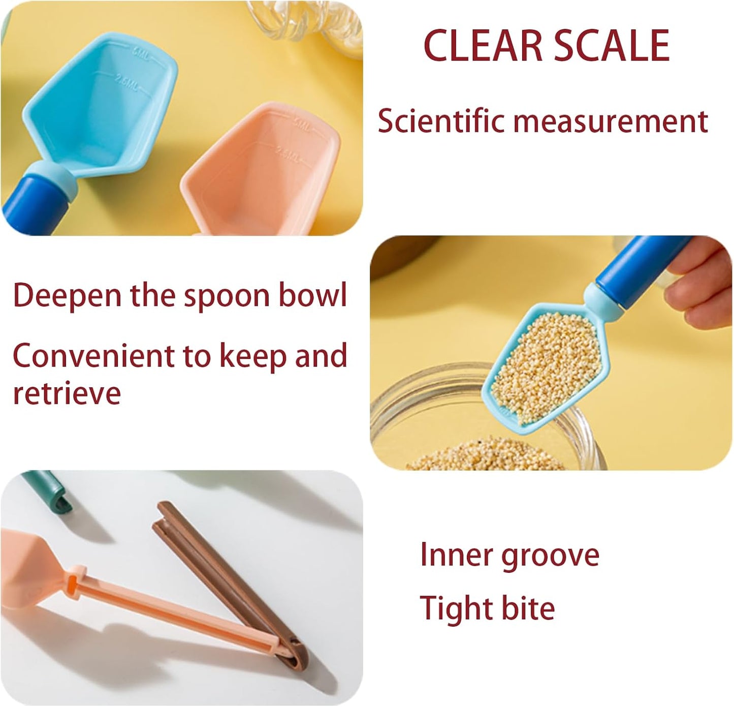 2 SET of 8 PCS Multi-functional sealing clip with measuring spoon Magnetic Coffee Measuring Spoon Sealing Clips with Wall Container Mount, PP materia, Deep Bowl Design (Pink)