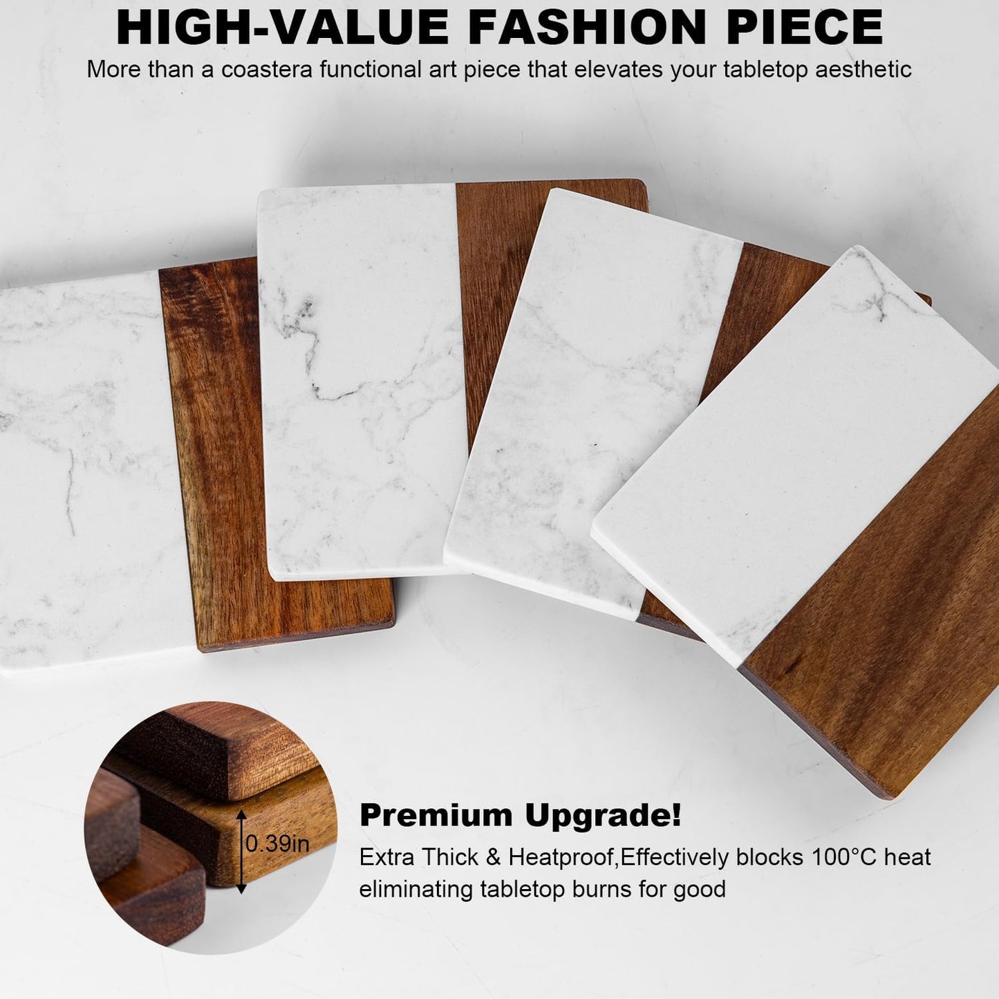 Marble Coasters: 4-Piece Set of Acacia Wood Marble Coasters, Suitable for Kitchens, Offices, and can be Used as Gifts