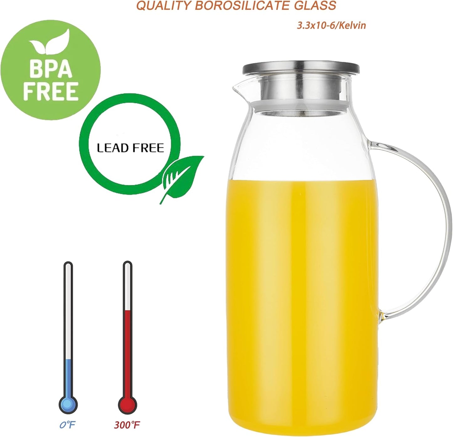 80 Ounces Glass Pitcher with Lid, Hot/Cold Water Jug, Juice and Iced Tea Beverage Carafe