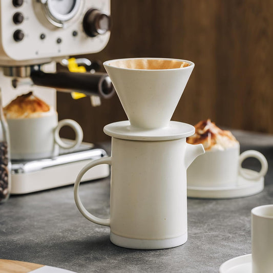 Pour Over Coffee Maker Set Vintage Ceramic Pour Over V60 Coffee Dripper Set with 20 Count Paper Coffee Filters,for Home Café Restaurant Camping,15.8 Ounces(White)