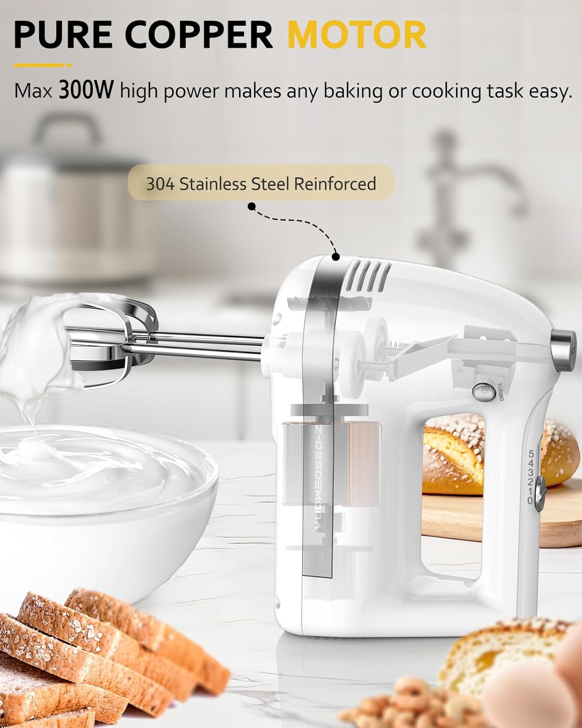 Electric Hand Mixer, Powerful 300W Hand Mixer Electric Handheld with 304 Beaters, Dough Hook,Hand Held Mixer with Turbo for Baking Cakes, Eggs, Cream Food(White)