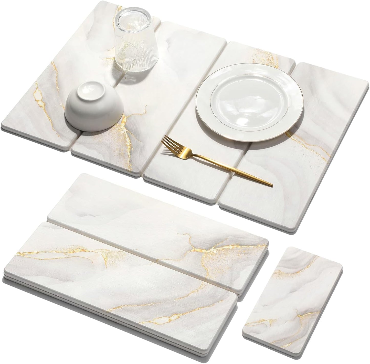 Large Stone Dish Drying Mat for Kitchen Counter Quick Dry Stone Dishes Mats Marbled Water Absorbing Diatomaceous Earth Drying Pad for Countertop Bottles Utensils Cups (Yellow White 24"x16"&8"x4")