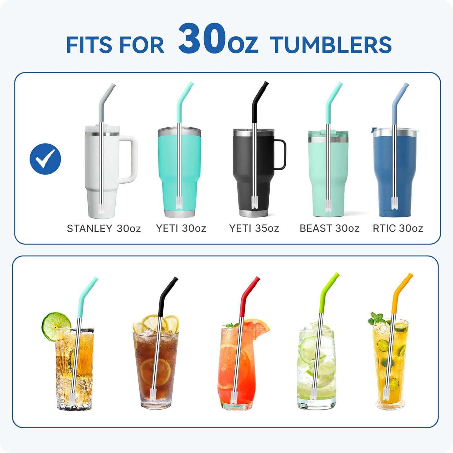 Reusable Metal Straws with Silicone Tip for Stanley 30oz,Stainless Steel Drinking Straws for 30oz Tumbler,3 Straight Tubes & 6 Tips& 1 Cleanr Brush (Tropical Teal)