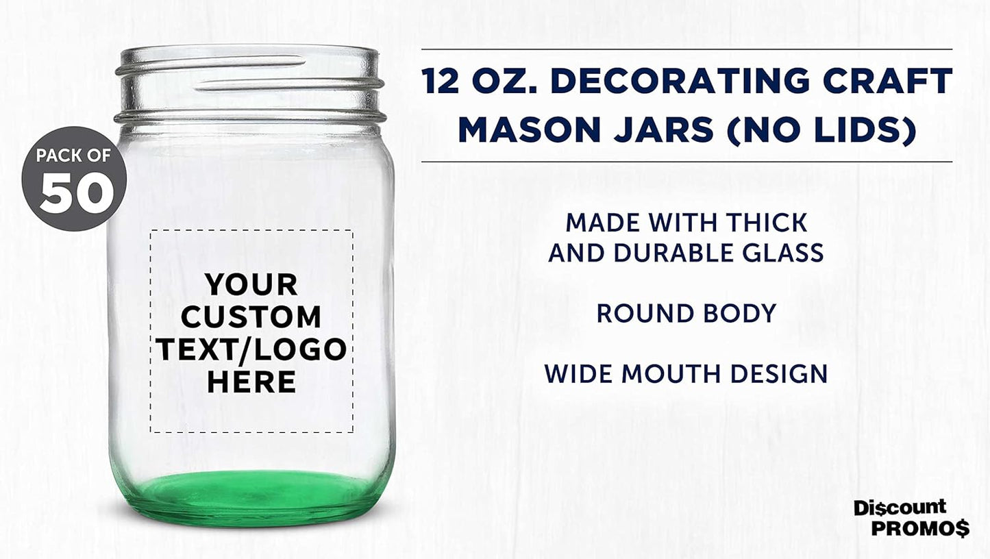 DISCOUNT PROMOS Custom Decorating Mason Jars 12 oz. Set of 50, Personalized Bulk Pack - Glass Jars for Overnight Oats, Candies, Fruits, Pickles, Spices, Beverages - Green