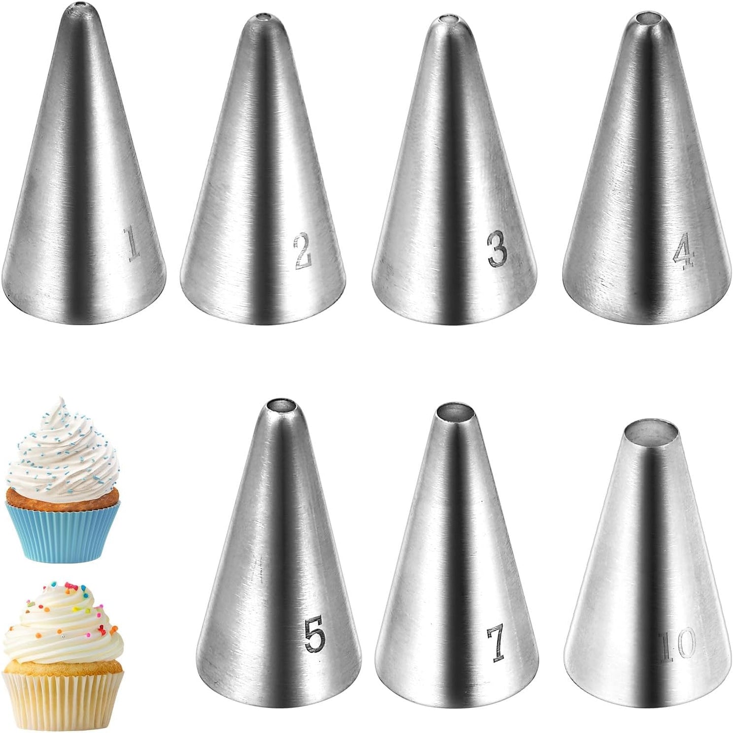 7 Pcs Small Round Piping Tips Set, Stainless Steel Cake Frosting Nozzles Professional Cake Decorating Tips Cupcake Icing Supplies for Baking Cookies Fondant Cream Bag Filler