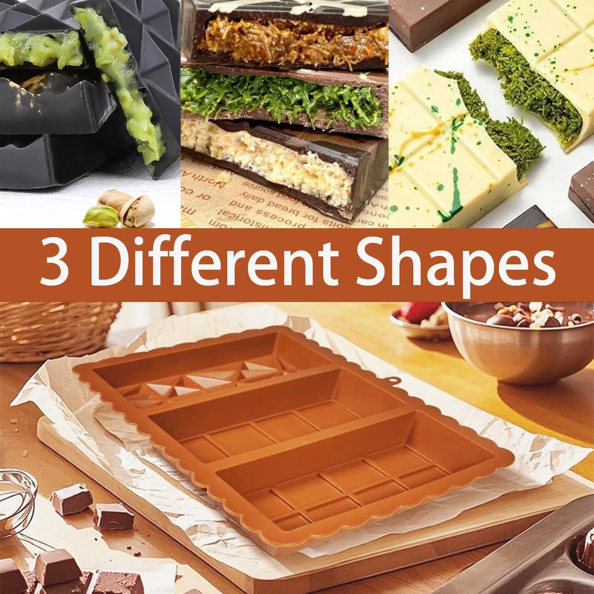Dubai Chocolate Bar Mold - 3 Different Shapes, 1 Inch Deep Chocolate Molds Silicone,Large And Thick Candy Bar Baking Molds - Set of 2