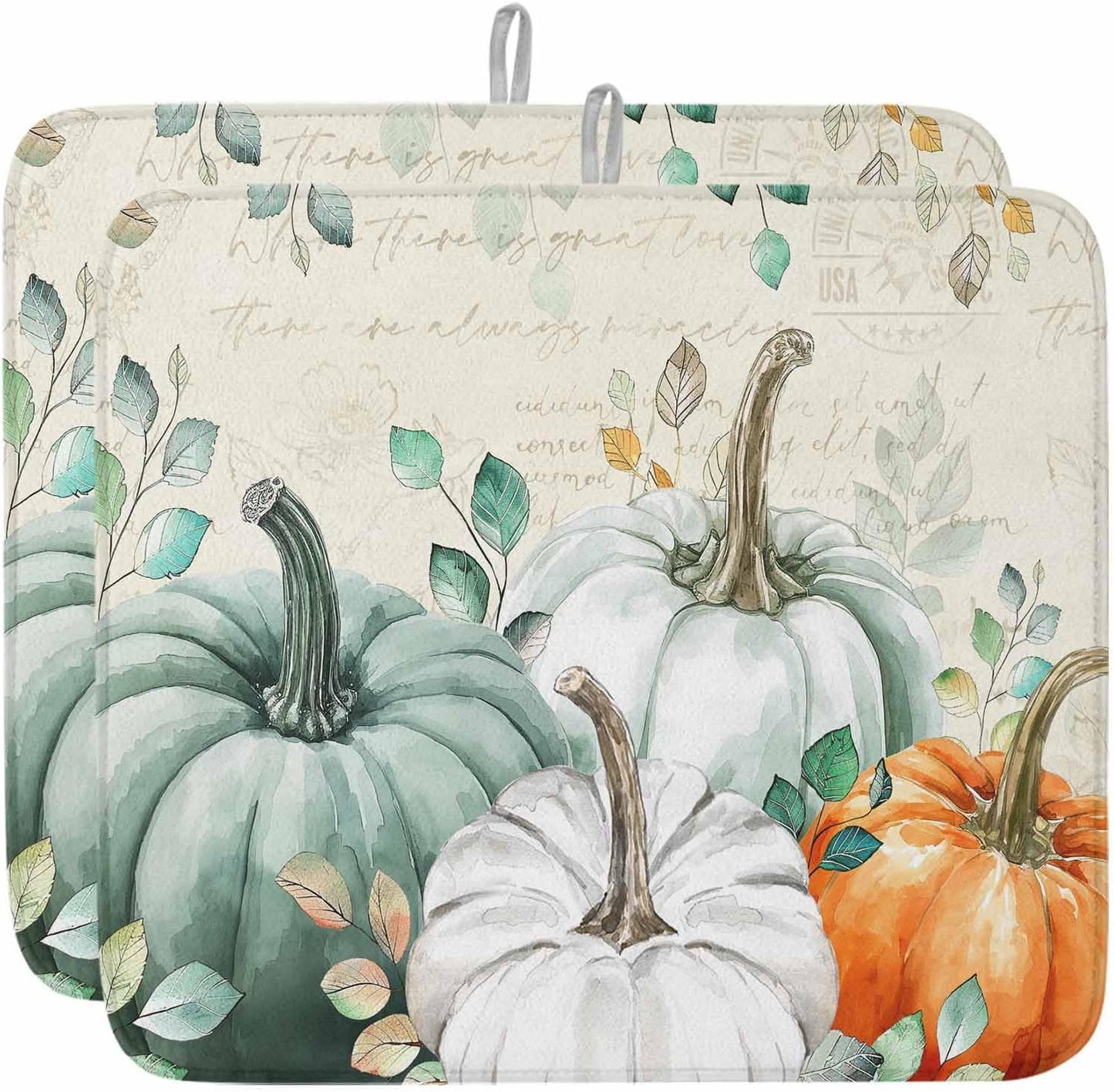 Fall Dish Drying Mat for Kitchen Counter Green Pumpkin Drying Pad Absorbent Drying Mats for Countertops Sinks Draining Racks Eucalyptus Leaves Drainer Holiday Harvest Thanksgiving Decorations 18x24