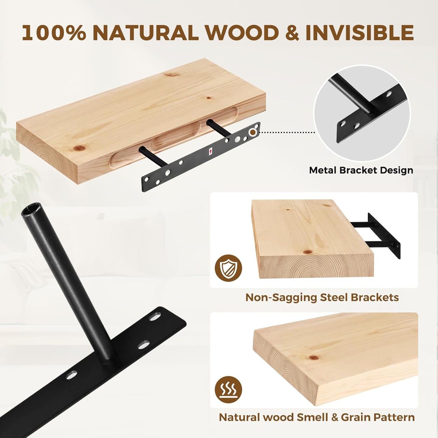 17x8x1.6 inch Floating Shelves Set of 2 – Solid Wood Rustic Wood Wall Mounted Shelf for Kitchen, Bathroom, Living Room