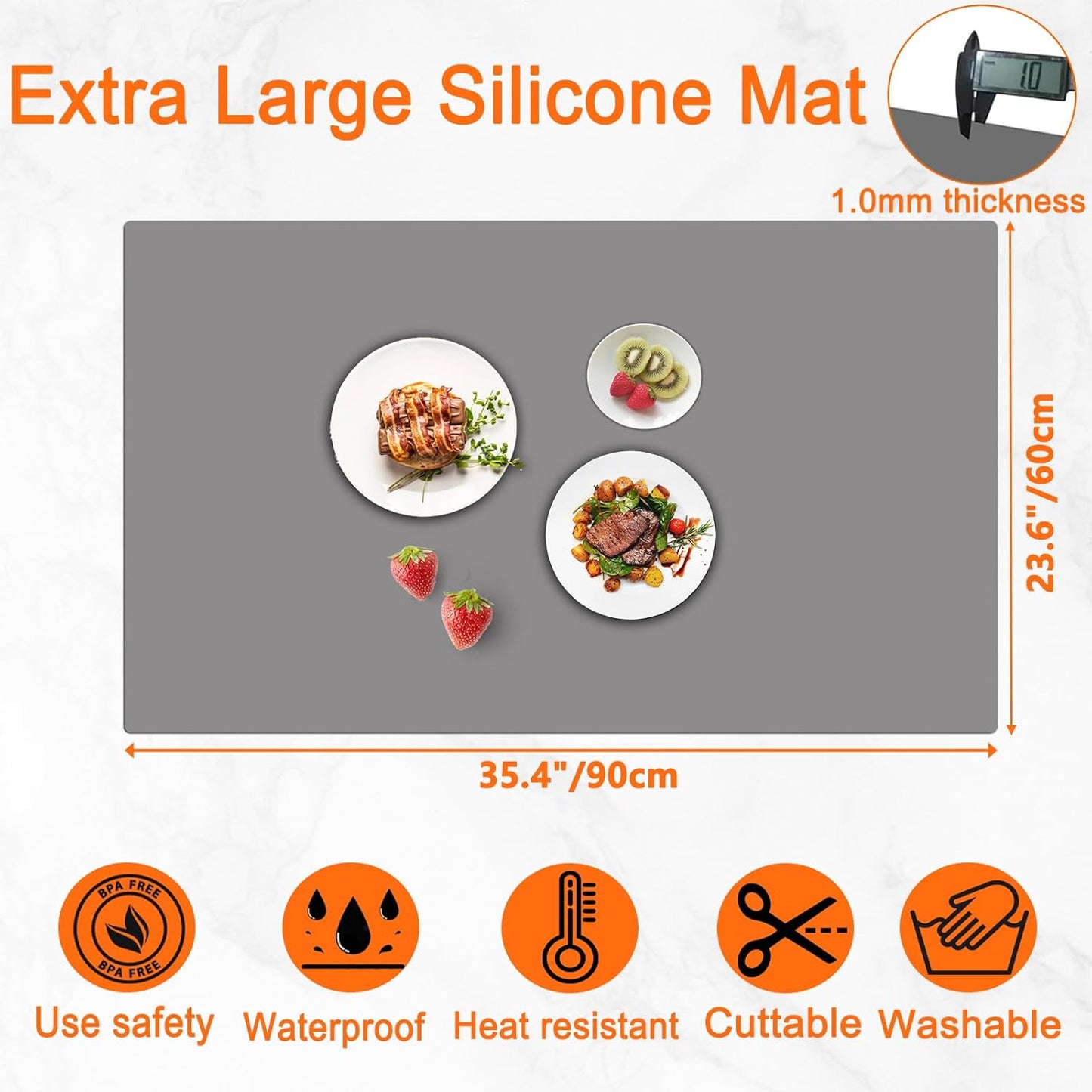 35.4''x23.6''(90cmx60cm) Extra Large Silicone Mat for Kitchen Counter, Heat Resistant Countertop Protector, Non-Slip Waterproof Kitchen Island Mat, Easy to Clean, Black