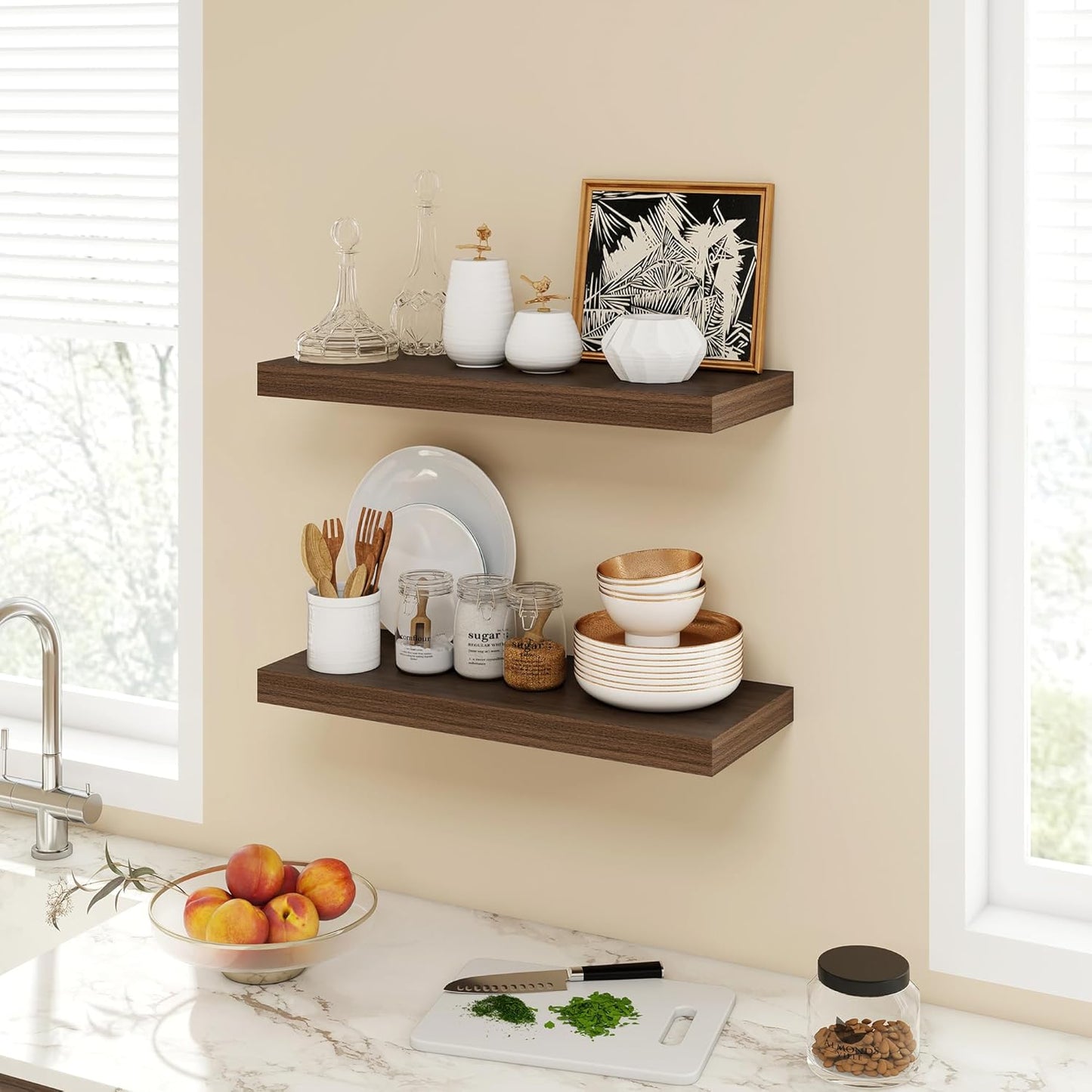 24 Inch Floating Shelves, 9.3" Deep Floating Shelf Wall Mounted, 24" Wall Shelves, Rustic Deep Bookshelf, Large Display Shelves & Storage Shelves for Bedroom, Living Room, Walnut, Set of 2