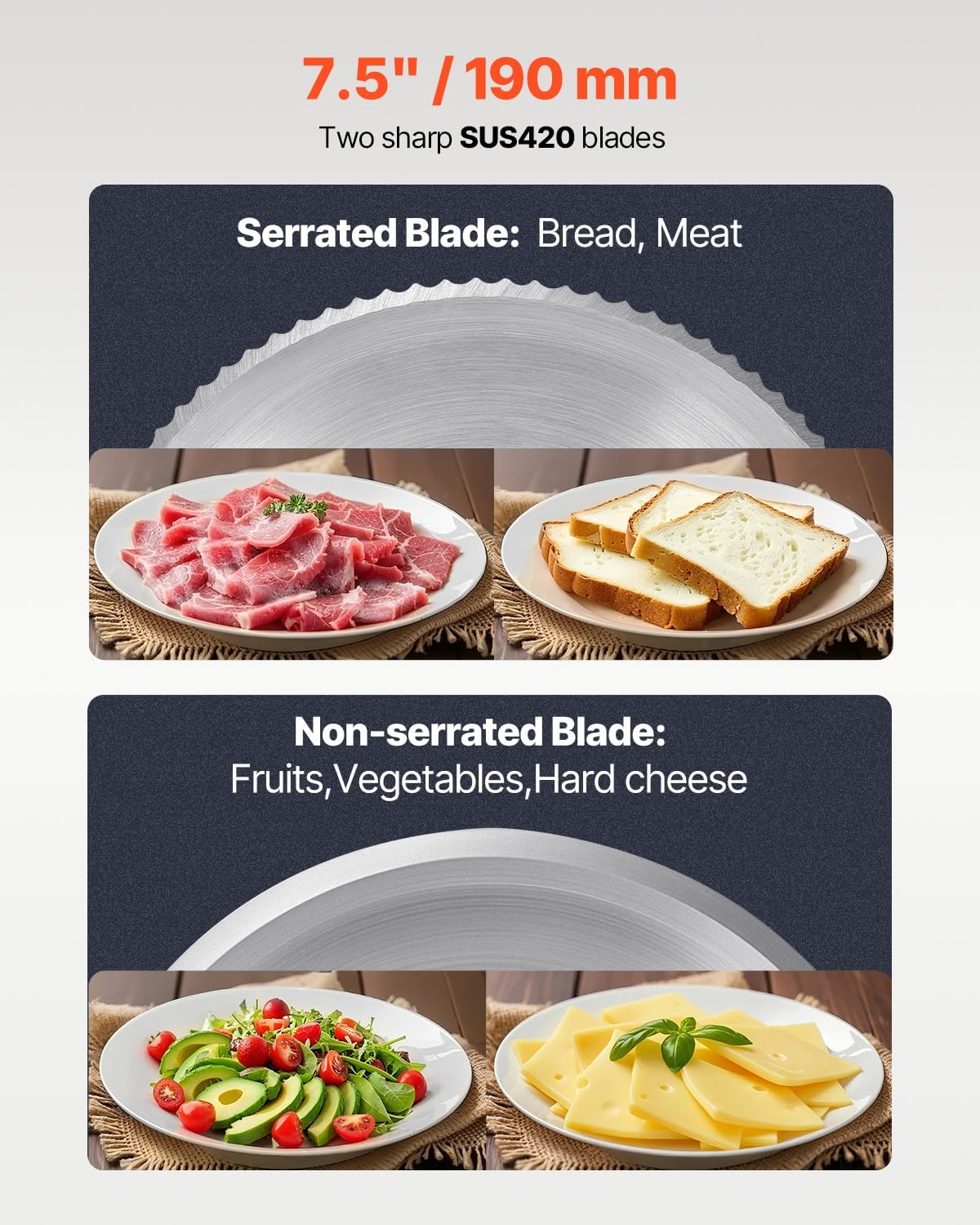 VEVOR Meat Slicer, 7.5 inch Electric Deli Food Slicer with two Premium SUS420 Blades, 0-0.6 inch Adjustable Thickness, 180W Food Slicer Machine for Meat, Hard Bread and Cheese, Home Use