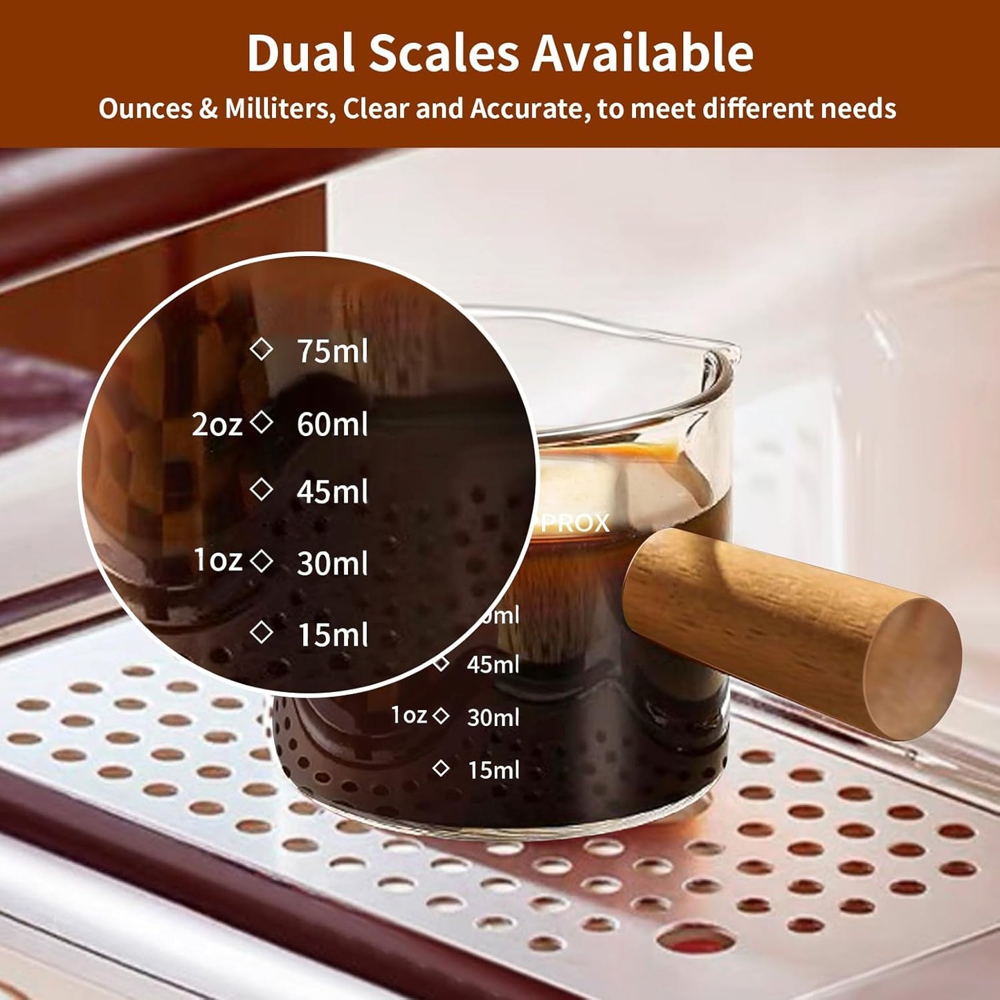 YARRAMATE 3oz Espresso Cups with Wood Handle (2 pack), Clear Glass Espresso Accessories, Double Spout Glass Measuring Cup with Dual Scale, Espresso Shot with V-Shaped Spout