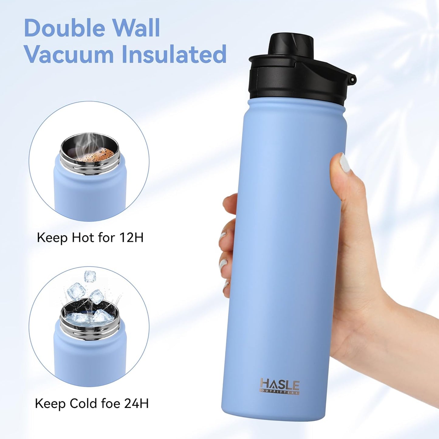 HASLE OUTFITTERS Insulated Water Bottle 22 oz Double Wall Stainless Steel Water Bottle Wide Mouth with Straw Lid & Spout Lid Keeps Cold or Hot(Blue,8)