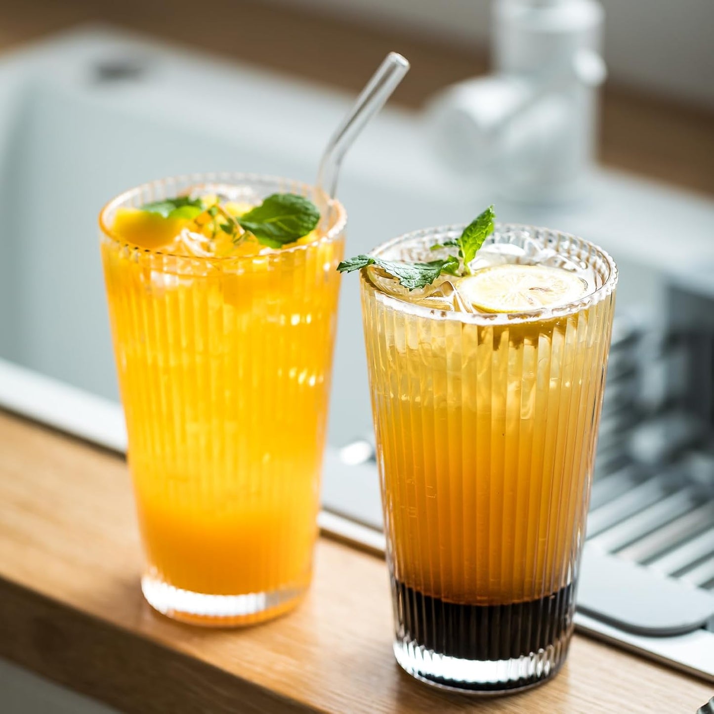 KEMORELA 12-Piece Vintage Ribbed Glassware Set, Old Fashioned Glasses, 16oz Clear Drinking Glasses with Straws, Ideal for Party and Casual Drinking - Classic Design for Any Occasion