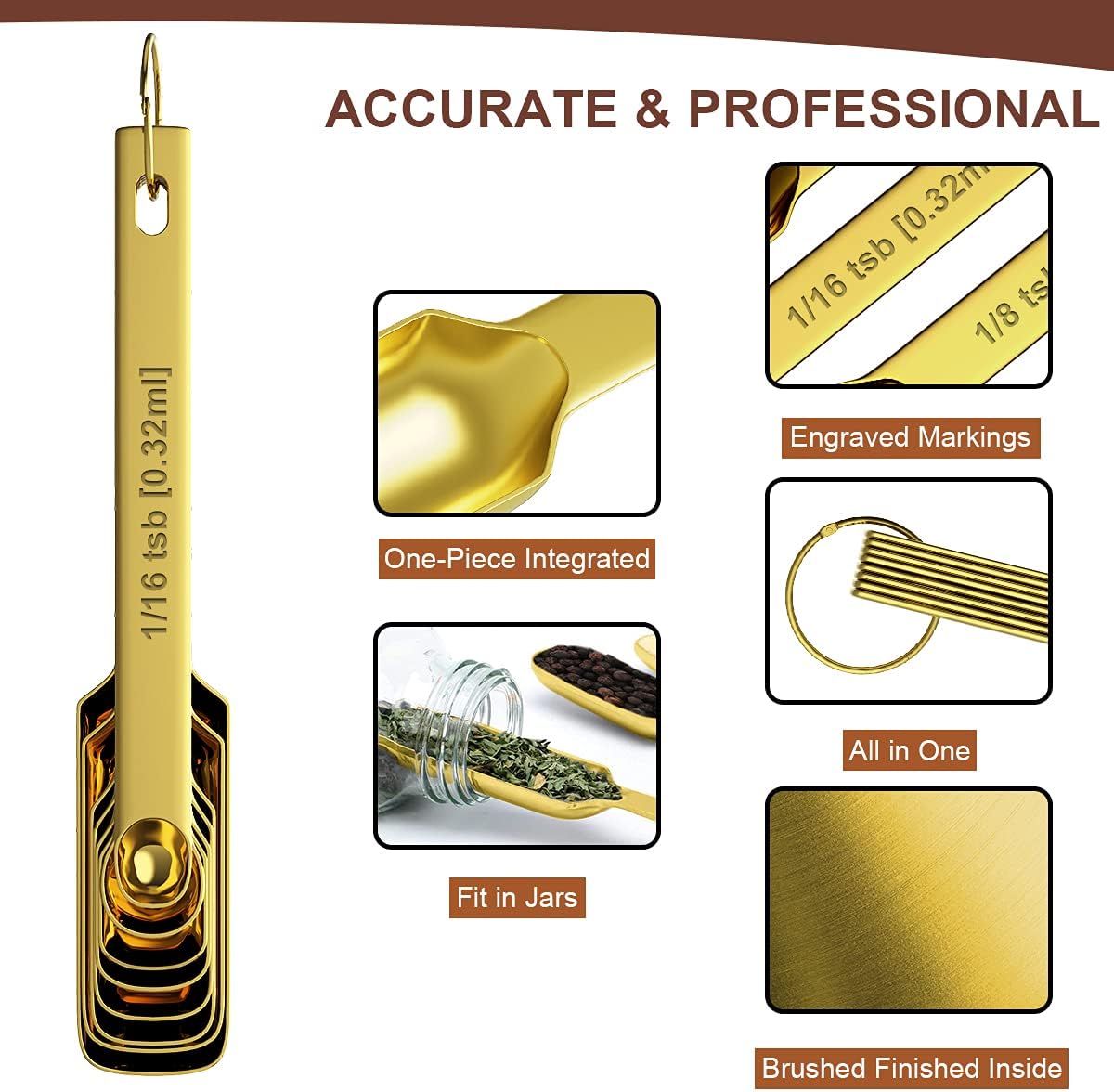 Wildone Gold Measuring Cups & Spoons Set of 21 - Includes 7 Stainless Steel Nesting Measuring Cups, 8 Measuring Spoons, 1 Leveler & 6 Mini Measuring Spoons, Ideal for Dry & Liquid Ingredients