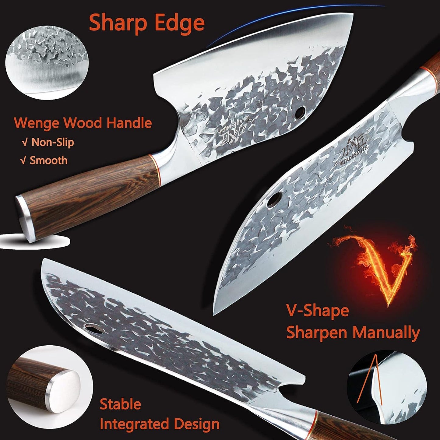 BLADESMITH Serbian Chef Knife 8“, Butcher Cleaver Hand Forged Blade, Handmade Non-Slip Ergonomic Wenge Wood Handle, Kitchen Gifts