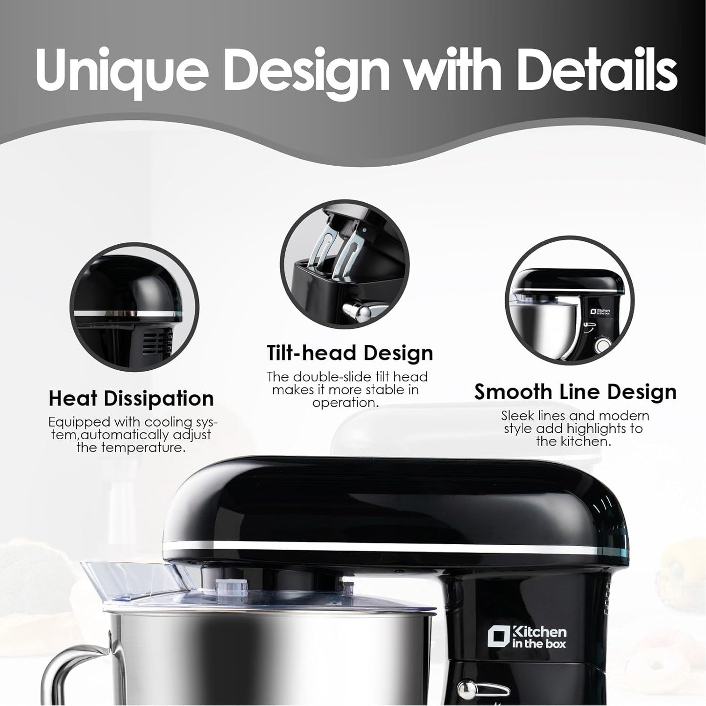 Kitchen in the box Stand Mixer, 900W 8.5QT Kitchen Electric Mixer, 6-Speed Large Capacity Food Mixer for Home Cooks with Egg Whisk, Dough Hook & Flat Beater (Black)