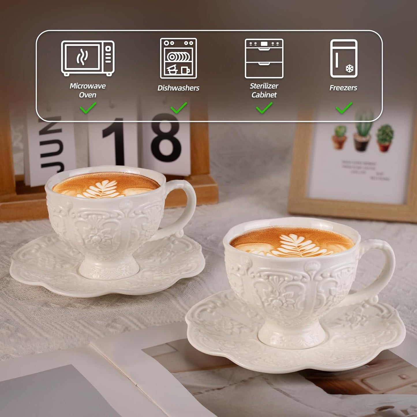 KAMMAK Tea Cups and Saucers Set of 2, Porcelain Coffee Cups, 7.8-Ounce Stackable Espresso Mugs, Ceramic Demitasse for Coffee, Latte, Americano, Tea, Britney