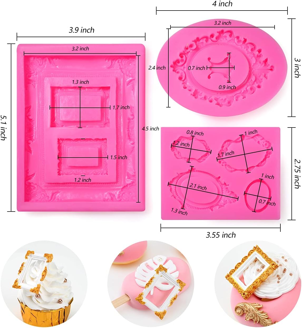 Sakolla Photo Frame Silicone Mold - 3 Pack Picture Fondant Candy Chocolate Molds Cake Decorating, Sugar, Gum Paste, Chocolate, Cookies, Resin, Polymer Clay - Pink