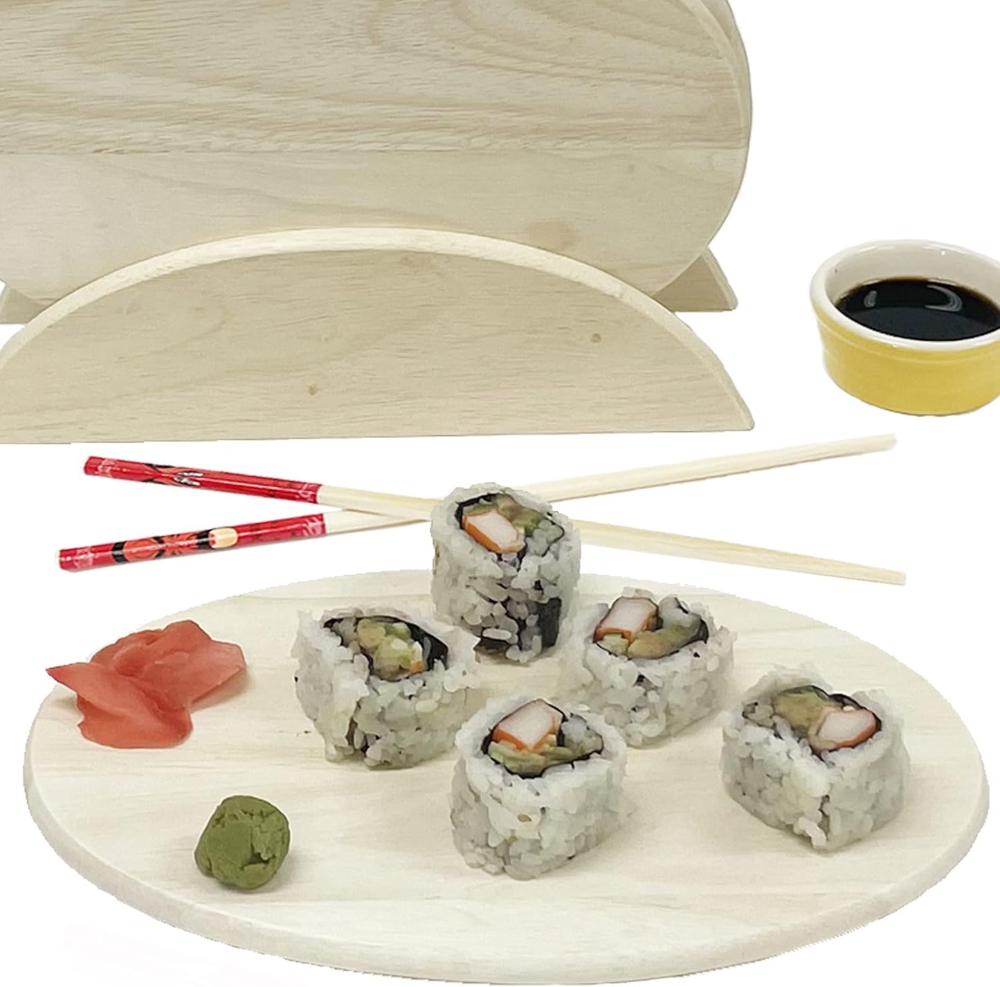 6 Whitewash Wood Serving Boards with Stand, Perfect for Serving, Sushi, Cheese, Hors d'oeuvre, Charcuterie, Sandwiches by Woodard & Charles, 7 Piece Set, 9 1/2" x 6 1/2"