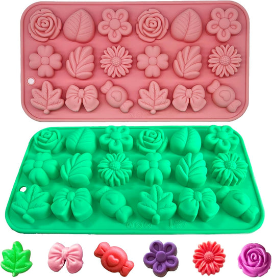 Gummy Candy Molds - 2Pcs Silicone Gummy Daisy Flower/Tulip Flower/Bow Tie/Leaf Candy Mold for Kids, Non-stick and Bpa Free for Candy Chocolate Gummy Jello Baking Soap Pudding Cookie Desserts Making