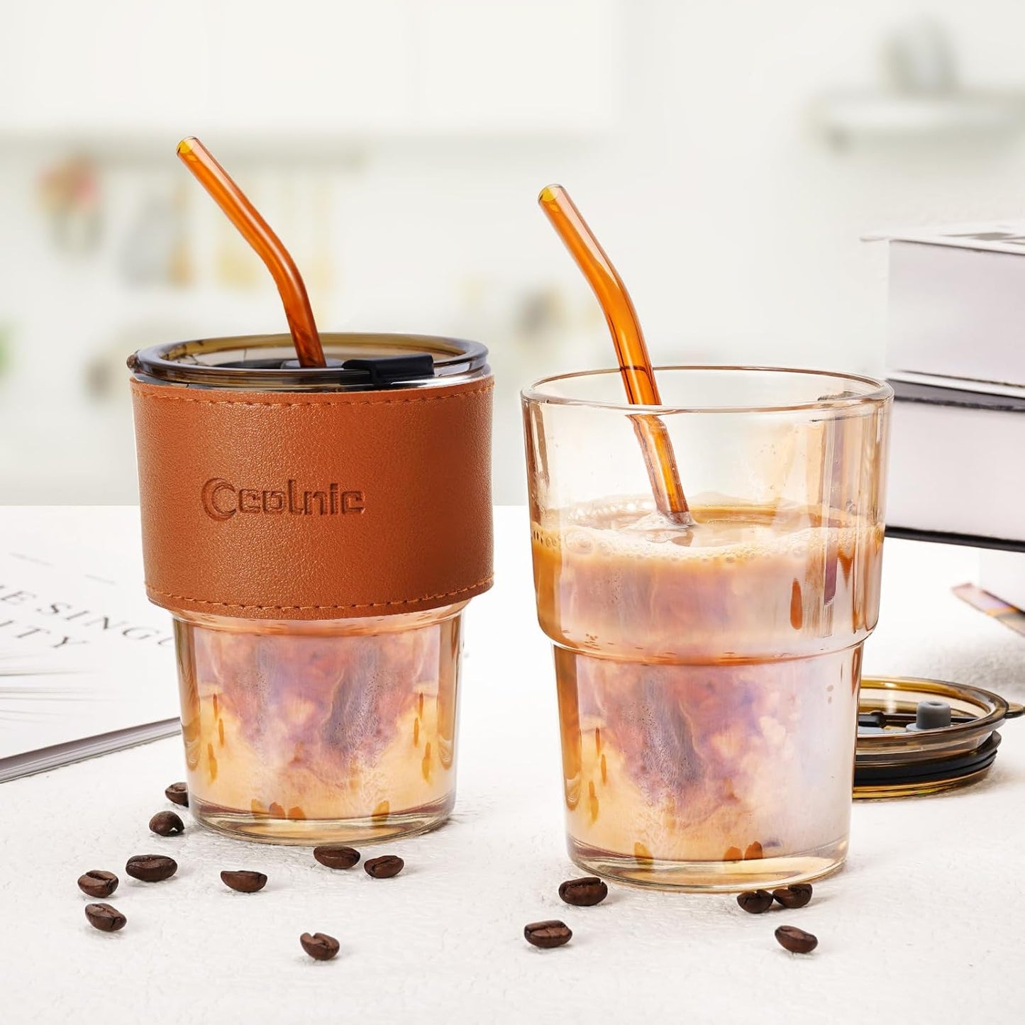 Iced Coffee Cup, 15Oz/450ml Glass Cups With Lids And Straws, Iced Coffee Glasses Tumbler, Thick Wall Glass Mug For Tea Water With 2 Straw And Leather Sleeve, Xmas Gifts (Amber 2PCS)