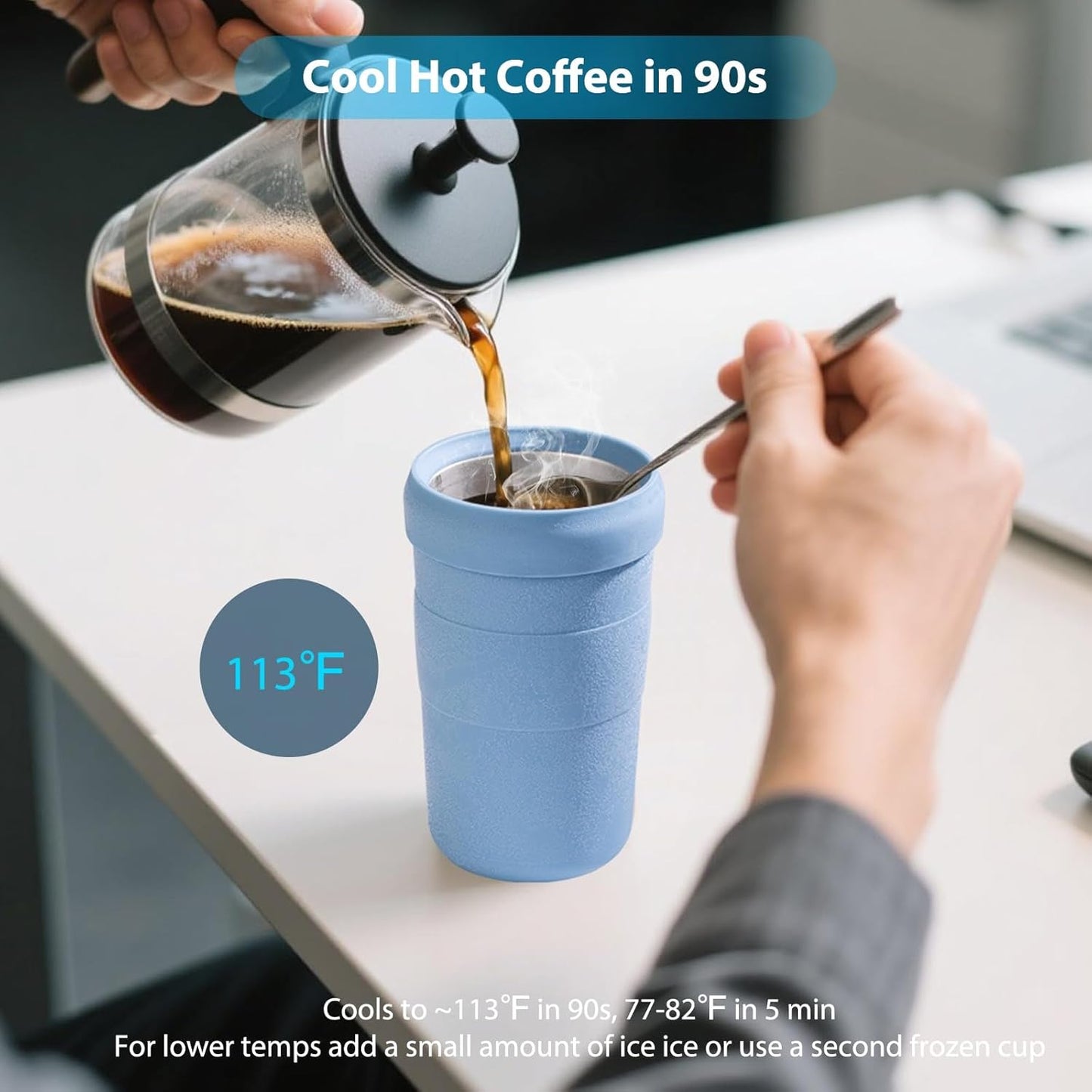 Iced Coffee Tumbler, 45℉ Insulated Beer Mug for Freezer, (Ice-Free) Double-walled Freezable Slushie Cup with Stainless Steel Liner, Travel Coffee Mug Reusable, with Lid and Straw, 16oz (1, Blue)