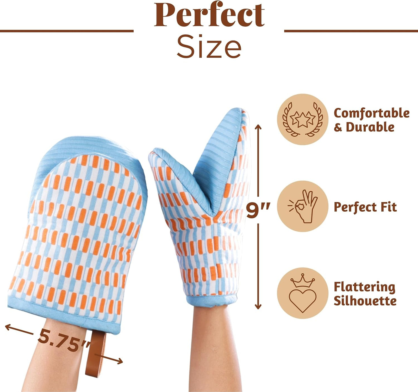 Folkulture Mini Oven Mitts Heat Resistant & Non Slip | (5.75 x 9) Set of 2 Blue Short Oven Mitts with Hanging Loop for Kitchen Decor | 100% Cotton Oven Gloves or Orange Kitchen Mittens Set
