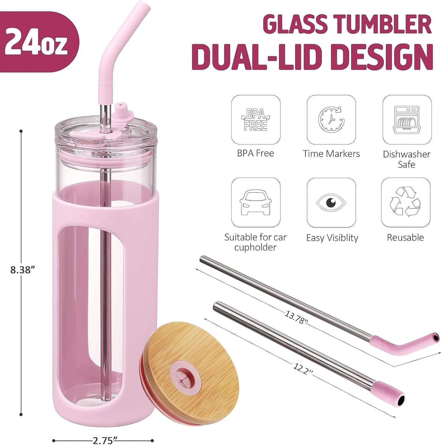 Kodrine 24oz Glass Tumbler with 2 Lids and Straws, Glass Cup With Bamboo Lid and On-the-go Lid, Reusable Iced Coffee Cup, Ideal for Smoothie, Cold Drinks, Fit Cup Holder, BPA Free (1, Pink)