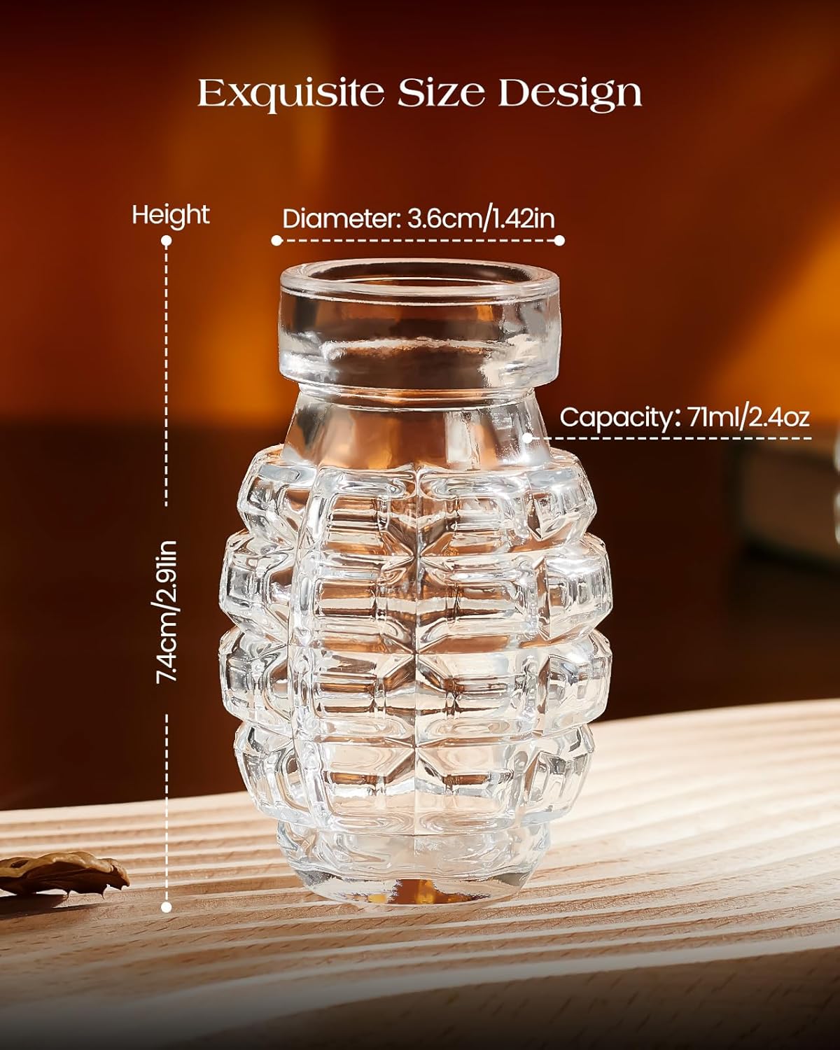 Kollea Grenade Shaped Shot Glass Set, Shot Cups with Heavy Base for Whiskey, Tequila, Vodka, Liquors, Set Of 6, 2.37 oz